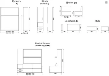 Шкаф-диван-кровать Смарт 1 правый с пуфом 1400 Белая шагрень