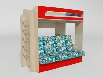 Кровать 2х ярусная №9 с диваном-кроватью Дуб молочный/Красный