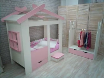 Кровать-домик Теремок без ящика Белая-Розовая