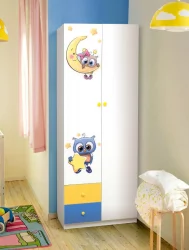 Зеленый шкаф с ящиками и фотопечатью Совята 2.1 Белый/Лайм/Синий