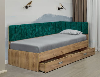 Кровать с продольной мягкой спинкой (правая) Софа №15 (900х2000) Дуб Крафт золотой Велюр 011