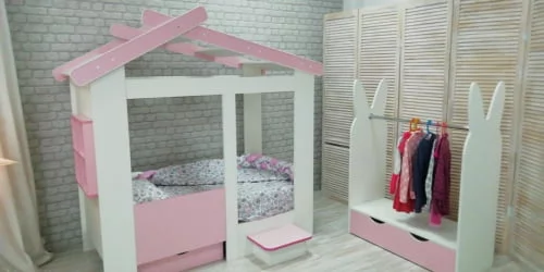 Кровать-домик Теремок без ящика Белая-Розовая