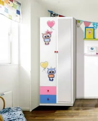 Шкаф 2-х дверный комбинированный с ящиками, зеркалом и фотопечатью Совята 2.2 Белый/Лайм/Синий