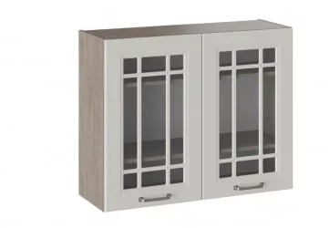 Шкаф навесной со стеклом Одри В_72-90_2ДРс Дуб Сонома трюфель/Бежевый шелк