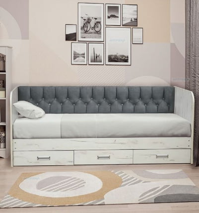 Кровать с продольной мягкой спинкой Софа №14 (800х2000) Дуб Крафт серый Велюр 001_0