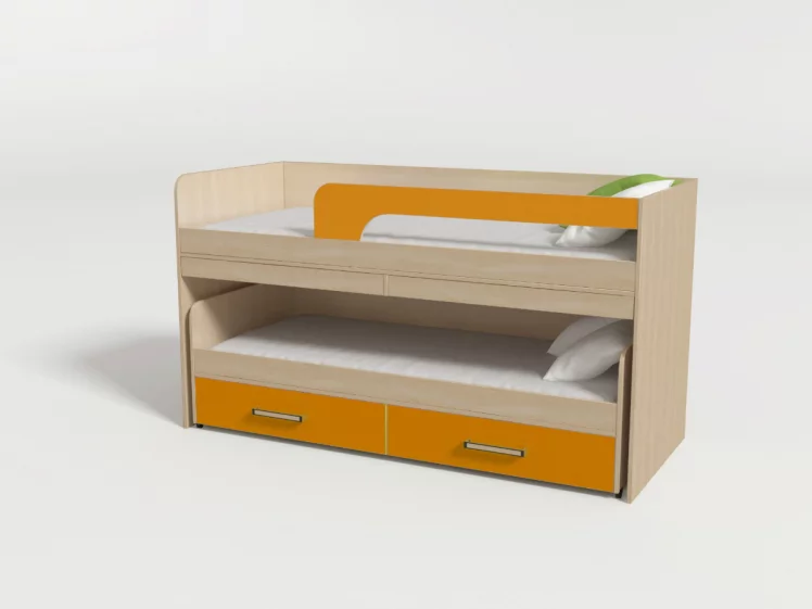 Кровать 2х ярусная №11 с ящиками и столами Дуб молочный/Манго_0