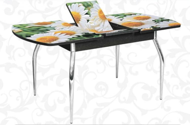 Стол раздвижной 1,45 Грация, СТЕКЛО, опоры изогнутые ХРОМ, Дуб беленый/R007_0