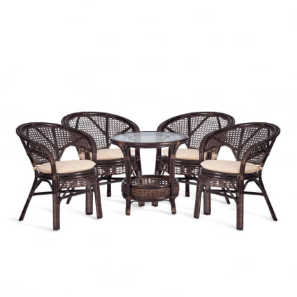 Комплект PELANGI 02/15 ( стол со стеклом + 4 кресла ) [с подушками] ротанг, кресло 65х65х77см, стол диаметр 64х61см, walnut (грецкий орех)_0