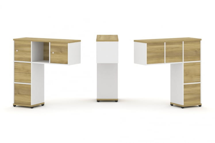 Надставка на стол низкая односторонняя + задняя стенка (5шт.) + блок с 2-мя ящиками (2шт.) + распашной фасад (2 шт.) CONCEPT CN.ONN-004 Дуб Винченцо Белый бриллиант Черный металл_0