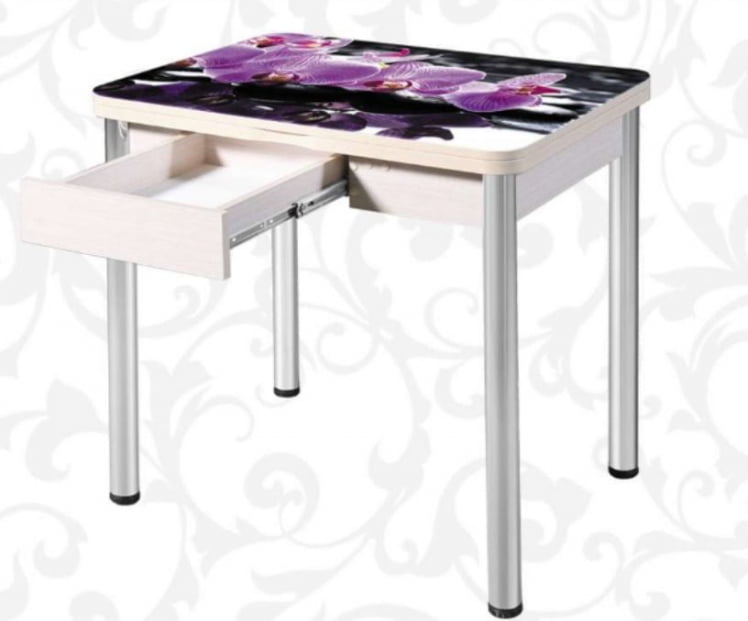 Стол поворотно-раскладной 1,2 Ника с ящиком СТЕКЛО, опоры D50 круглые ХРОМ, Беленый дуб/R045_1