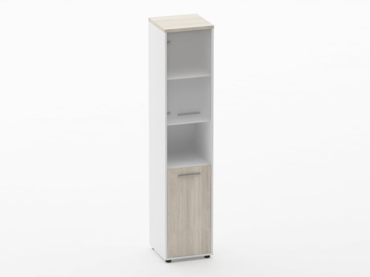 Шкаф 4 узкий верх стеклянная дверь, низ закрытый, с нишей Deka 10.19.18Л Дуб Сантана светлый/Белый_0