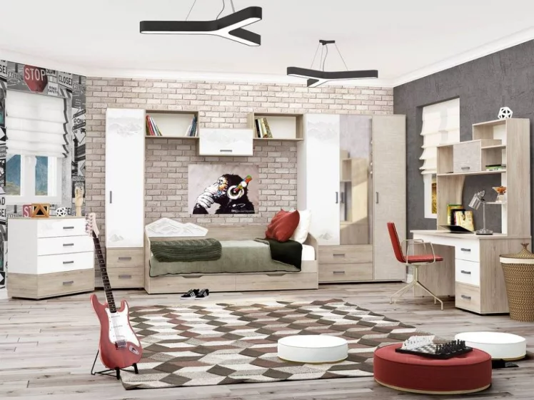 Набор подростковой мебели Эверест 4 Дуб Кронберг/Белый шпон/Плаза Стоун_0