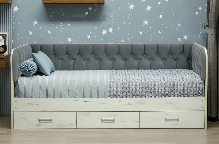 Кровать с продольной мягкой спинкой Софа №14.1 (900х2000) Дуб Сонома светлый Велюр 108_0