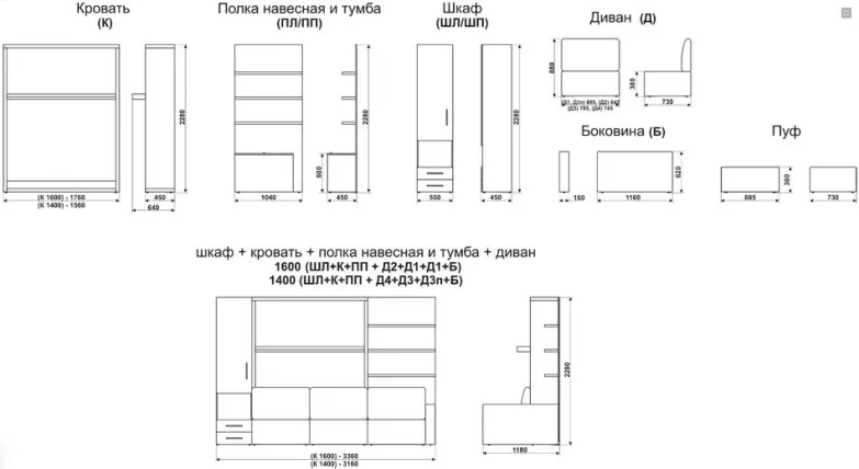 Шкаф-диван-кровать Смарт 1 левый с полкой и пуфом 1600 Дуб молочный_2