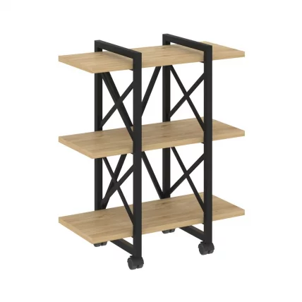 Стеллаж на колесных опорах - 3 полки LOFT  VR.L-MST.K-3.4V Металл черный Тиквуд светлый_0