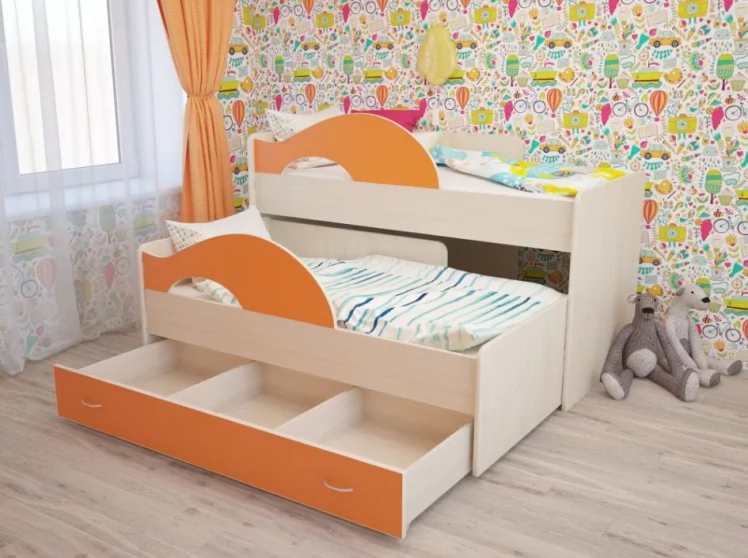 Кровать выкатная двухъярусная РАДУГА Без ящика Дуб млечный / Оранжевый_0