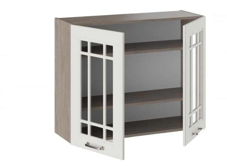 Шкаф навесной со стеклом Одри В_72-90_2ДРс Дуб Сонома трюфель/Бежевый шелк_1