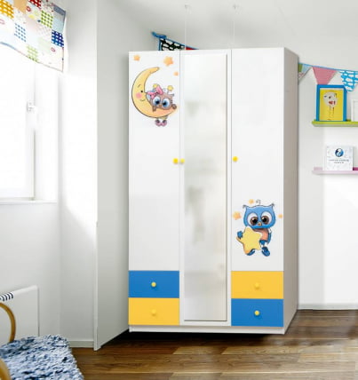 Шкаф 3-х дверный с ящиками, зеркалом и фотопечатью Совята 3.2 Белый/Ярко-розовый/Светло-розовый_0