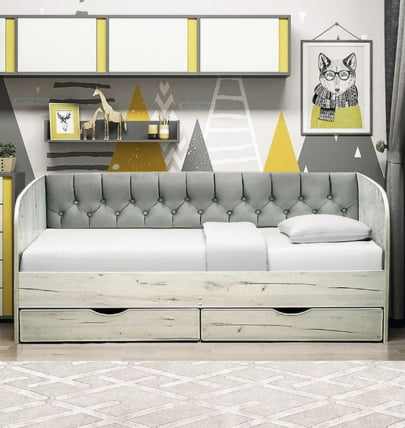 Кровать с продольной мягкой спинкой Софа №13 (800х1600) Ясень Анкор светлый Велюр 007_1