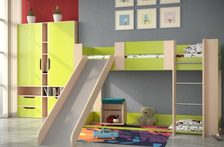 Кровать одноярусная №6 с горкой и игровой зоной Дуб молочный/Серый_0