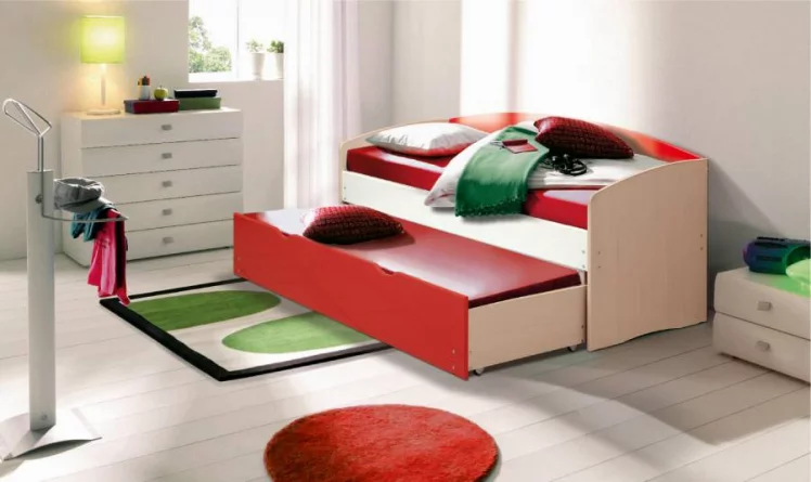 Кровать детская выдвижная Дуб молочный/Светло-зеленый/Желтый глянец_0