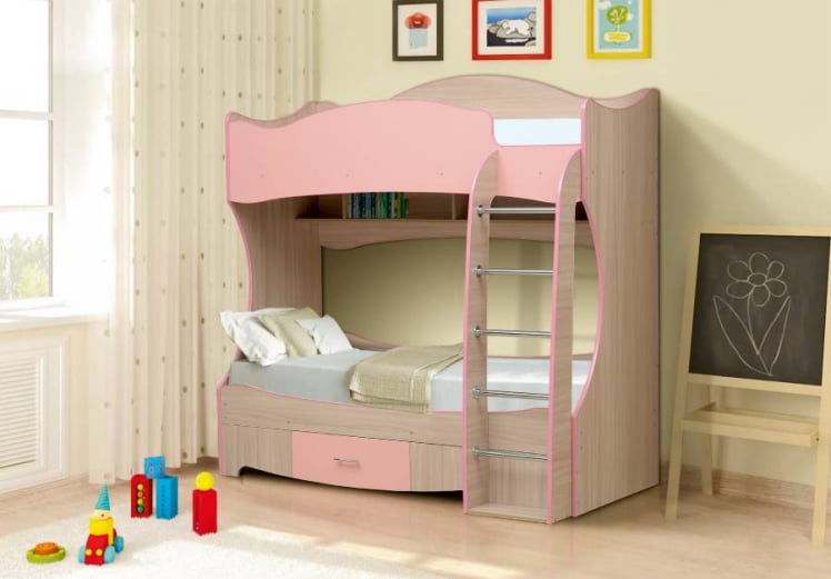 Кровать детская двухъярусная Юниор-7 Ясень шимо светлый/Светло-розовый_0