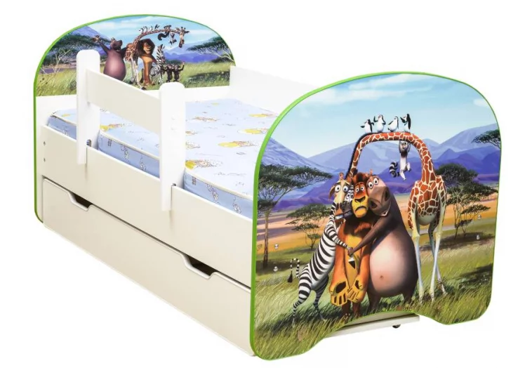 Кровать детская с фотопечатью с 1 ящиком 800*1600 Мадагаскар_0