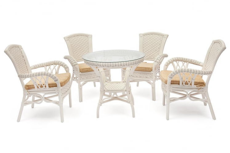 Комплект обеденный ANDREA ( стол со стеклом + 4 кресла + подушки) TCH White (белый), Ткань рубчик, цвет кремовый_0