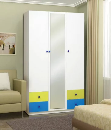 Шкаф 3-х дверный с ящиками и зеркалом Радуга Белый/Желтый/Синий_0