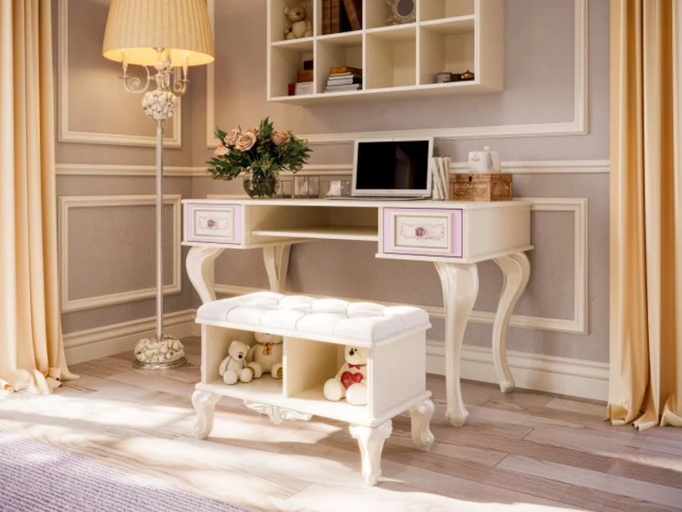 Стол письменный с полкой навесной и банкеткой Маркиза 04 Алебастр Шампань_5