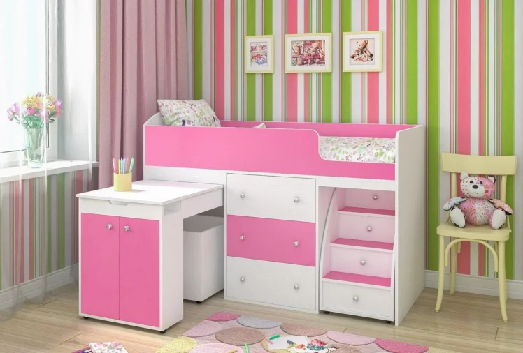 Кровать чердак Малыш Белое дерево/Розовый_0