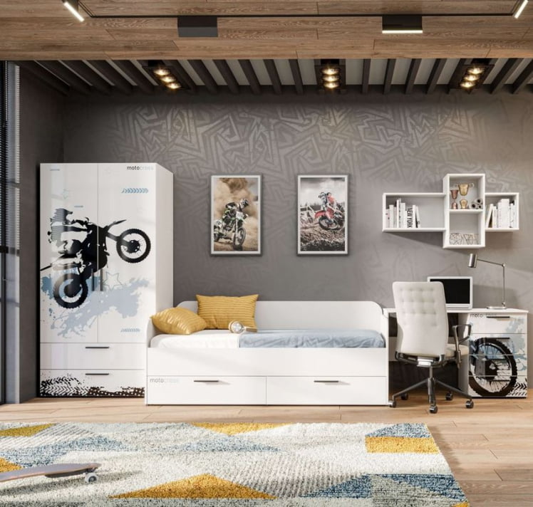 Комплект мебели для детской Мотокросс №3 Серый шелк с фотопечатью_0