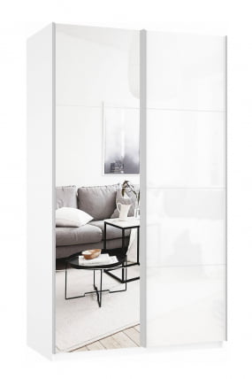 Шкаф-купе двухдверный Прайм 1400 Зеркало/Белое стекло Белый снег_0