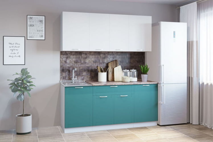 Гарнитур кухонный 1800 (накладная мойка) белый грунт/супермат бирюза_0