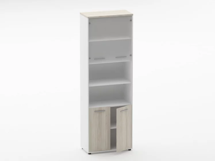 Шкаф 5 широкий верх стеклянная дверь, низ закрытый, две полки открытые Deka 10.23.191 Дуб Сантана светлый/Белый_1