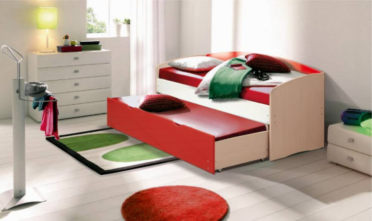 Кровать детская выдвижная Дуб молочный/Голубой/Розовый глянец_0