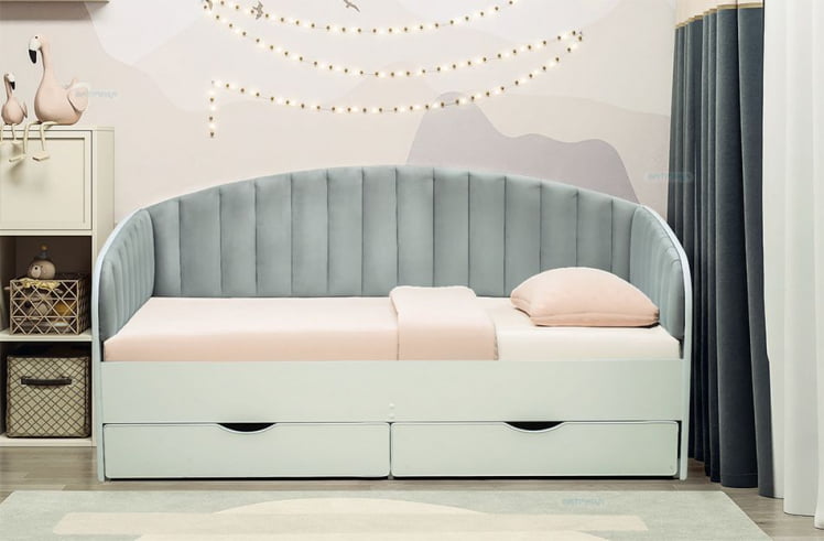 Кровать с продольной мягкой спинкой Софа №12.1 (800х1600) Ясень Анкор светлый Велюр 338_0