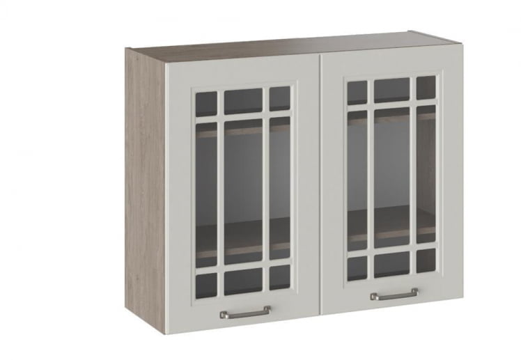 Шкаф навесной со стеклом Одри В_72-90_2ДРс Дуб Сонома трюфель/Бежевый шелк_0