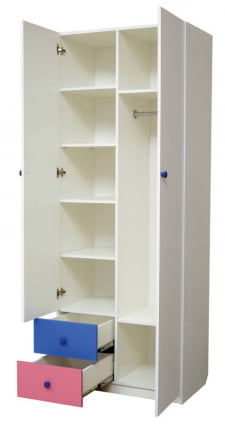 Шкаф дверный комбинированный с ящиками и зеркалом Радуга Белый/Ярко-розовый/Синий_1